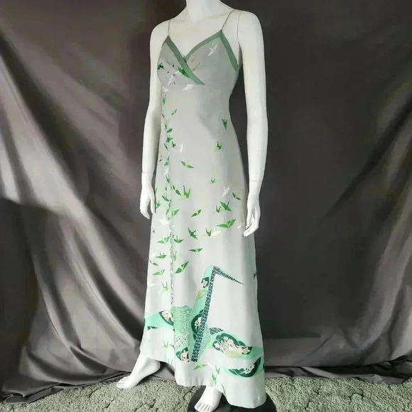 VINTAGE 1970s Crane Print Maxi Sun Dress S - Picture 2 of 12